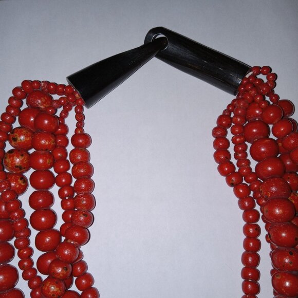 Vintage Red Multi-Strand Chunky Bead Necklace With Black Horn Clasp Boho - Picture 2 of 8